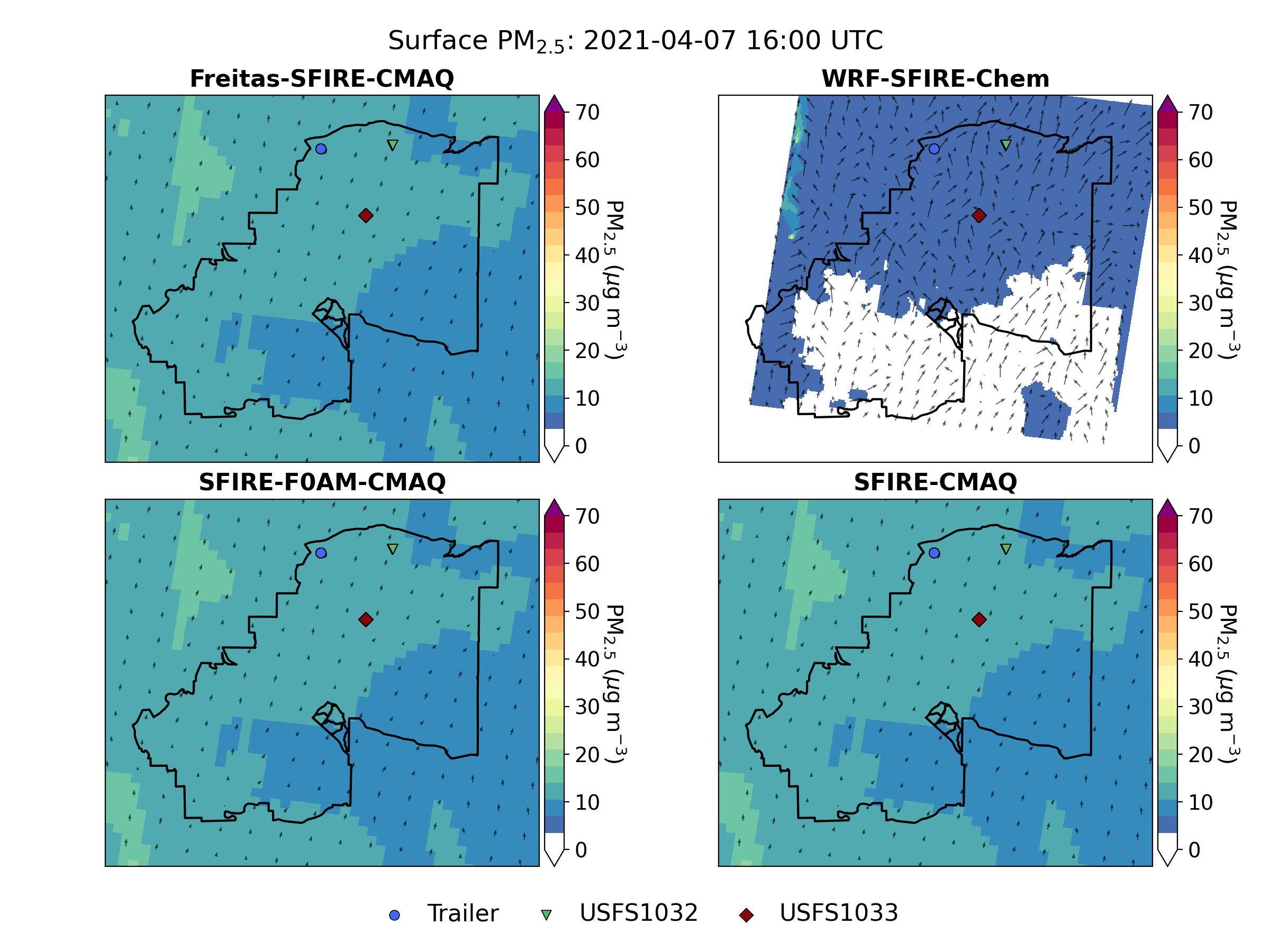 Surface PM 2.5 spatial comparison for 07 Apr 2021